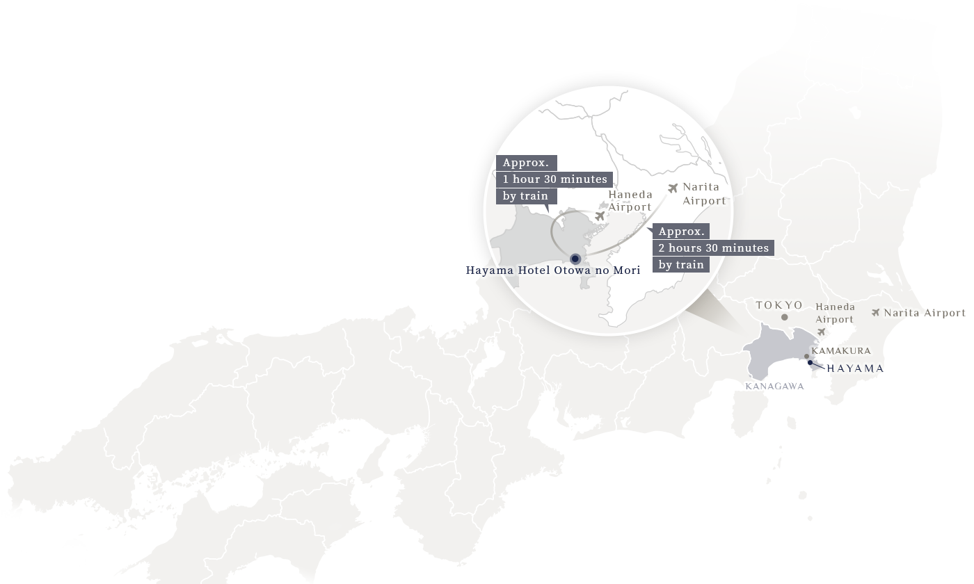 map: Approx. 1 hour and 30 minutes by train from Haneda Airport. Approx. 2 hours and 30 minutes by train from Narita Airport